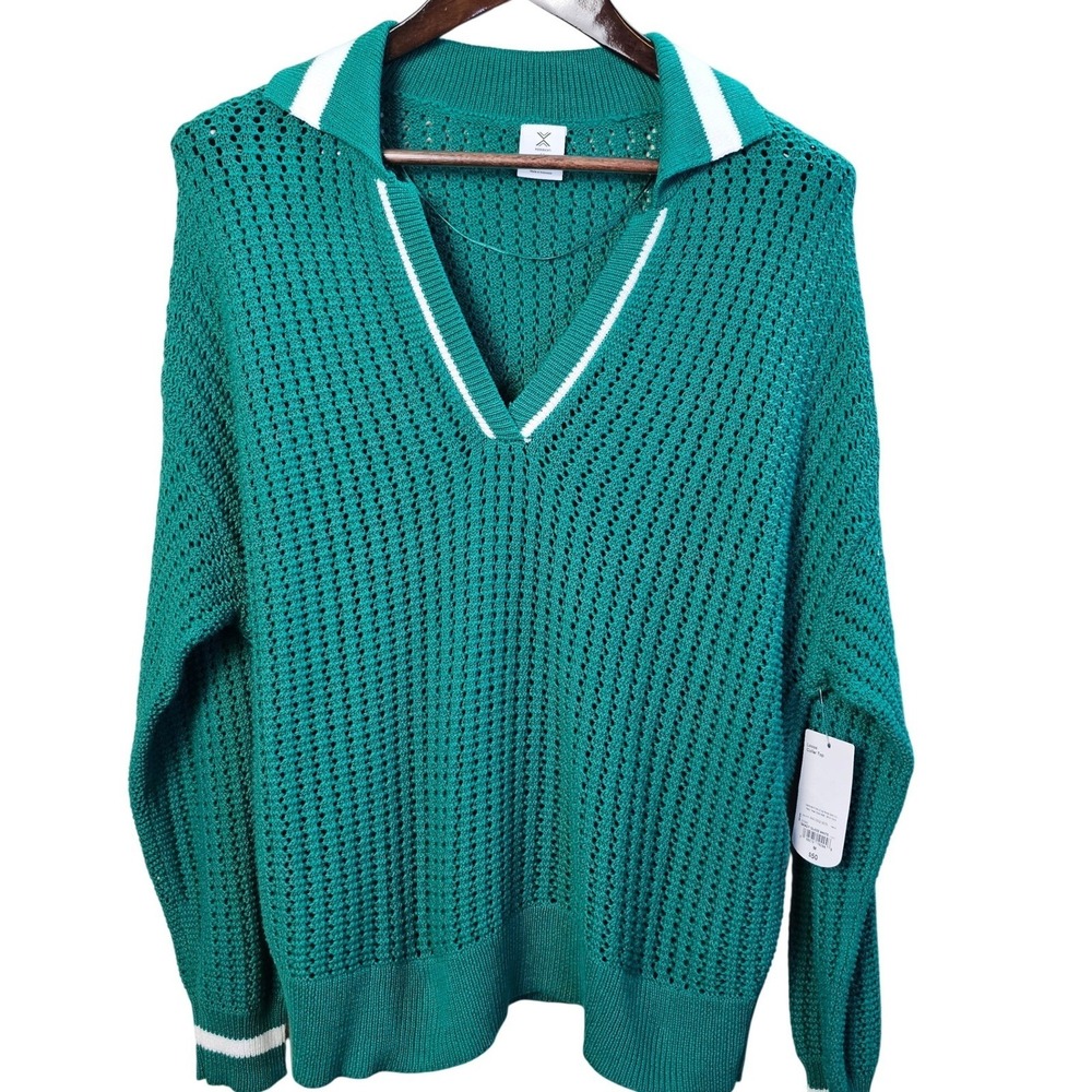 Xersion Shady Glade Green Open Knit Loose‎ Collar Top V-Neck Sweater Women M NWT